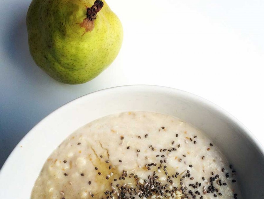 pear, tahini and vanilla oat quinoa porridge by Catherine Arnold Nutrition